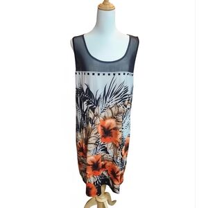 Simon Chang Tropical Dress With Mesh. Black/Coral